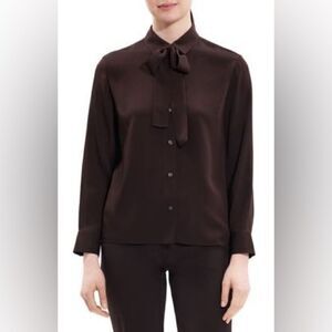 Theory Moder Tie Neck Silk Button-Up Blouse in Mink